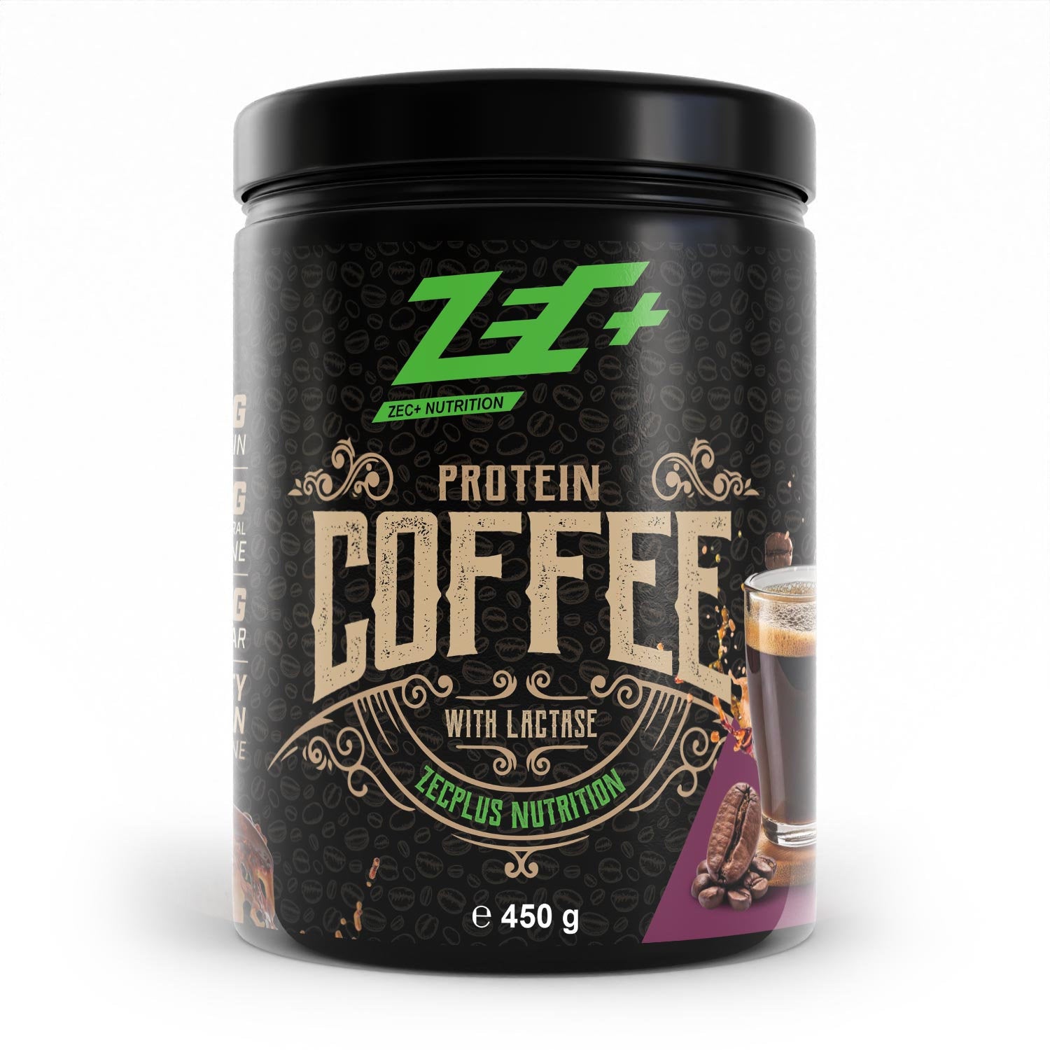 Zecplus Protein Coffee Dark Roast Pulver 450g Vorderseite schwarze Kunststoffdose