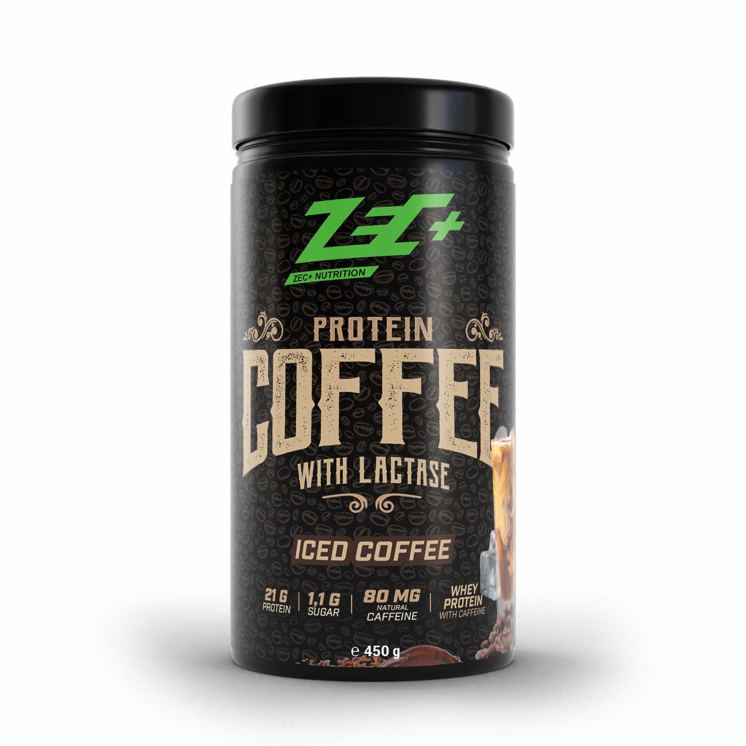 Zecplus Protein Coffee Iced Coffee Pulver 450g Vorderseite schwarze Kunststoffdose