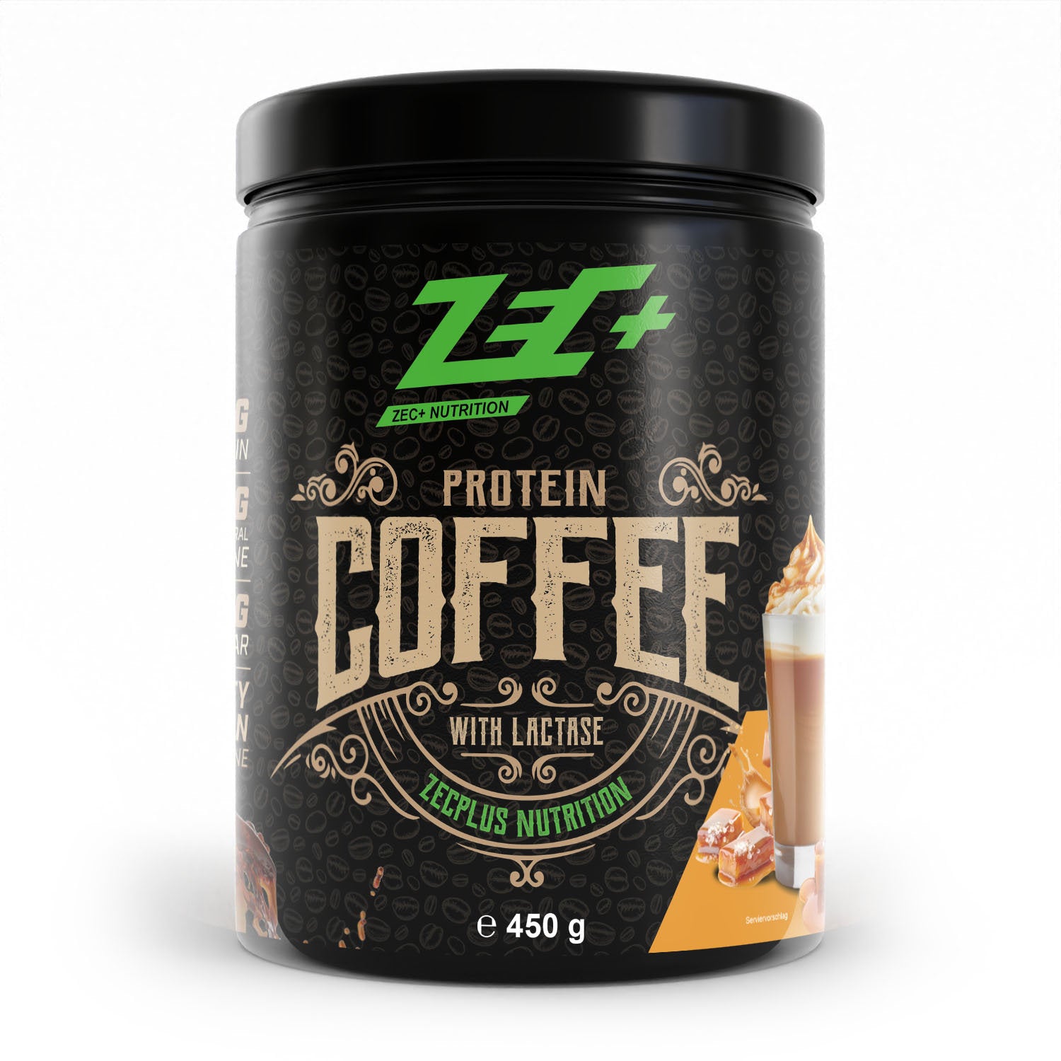 Zecplus Protein Coffee Salted Caramel Pulver 450g Vorderseite schwarze Kunststoffdose