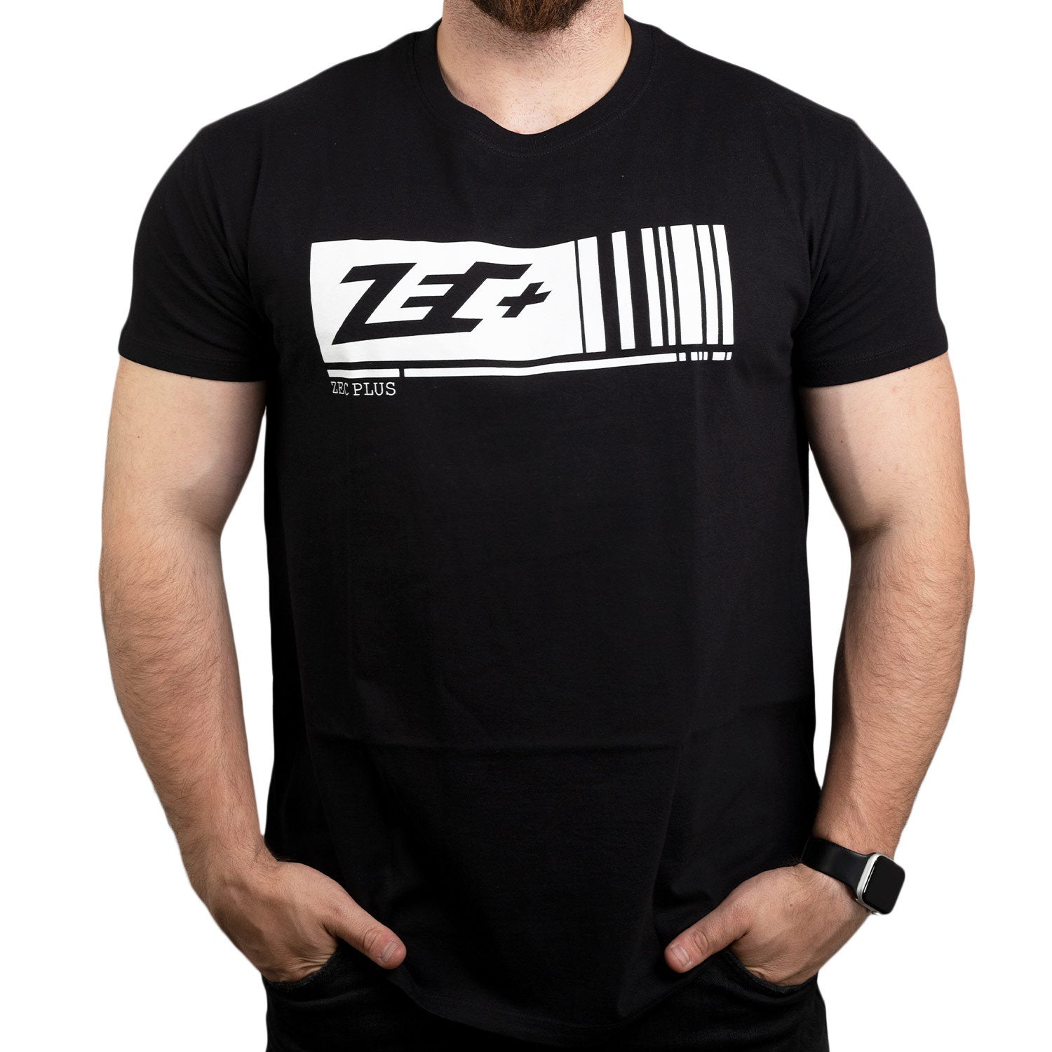 Schwarzes Herren T-Shirt mit weißem Zec+ Barcode Logo Vorderseite