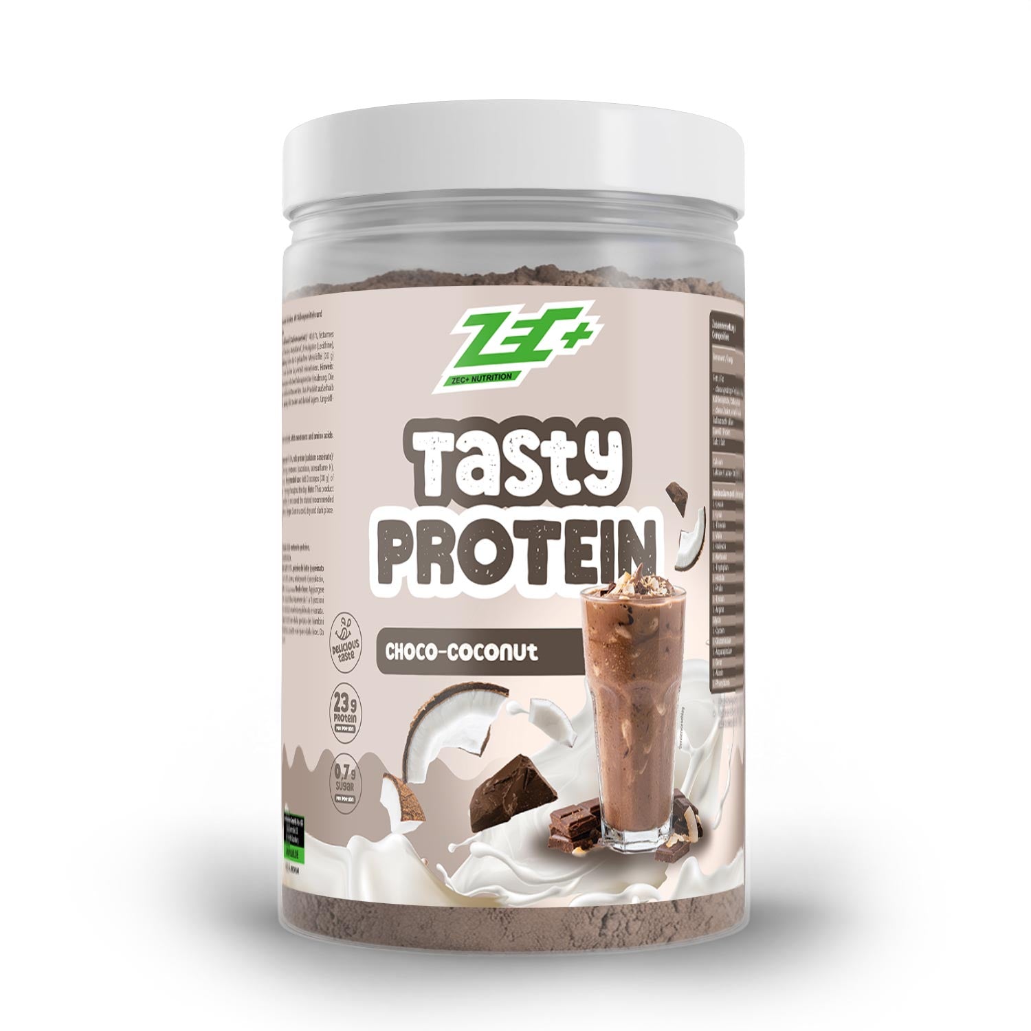 Zecplus Tasty Protein Chocolate Coconut Proteinpulver 450g Vorderseite transparente Dose mit weißem Deckel