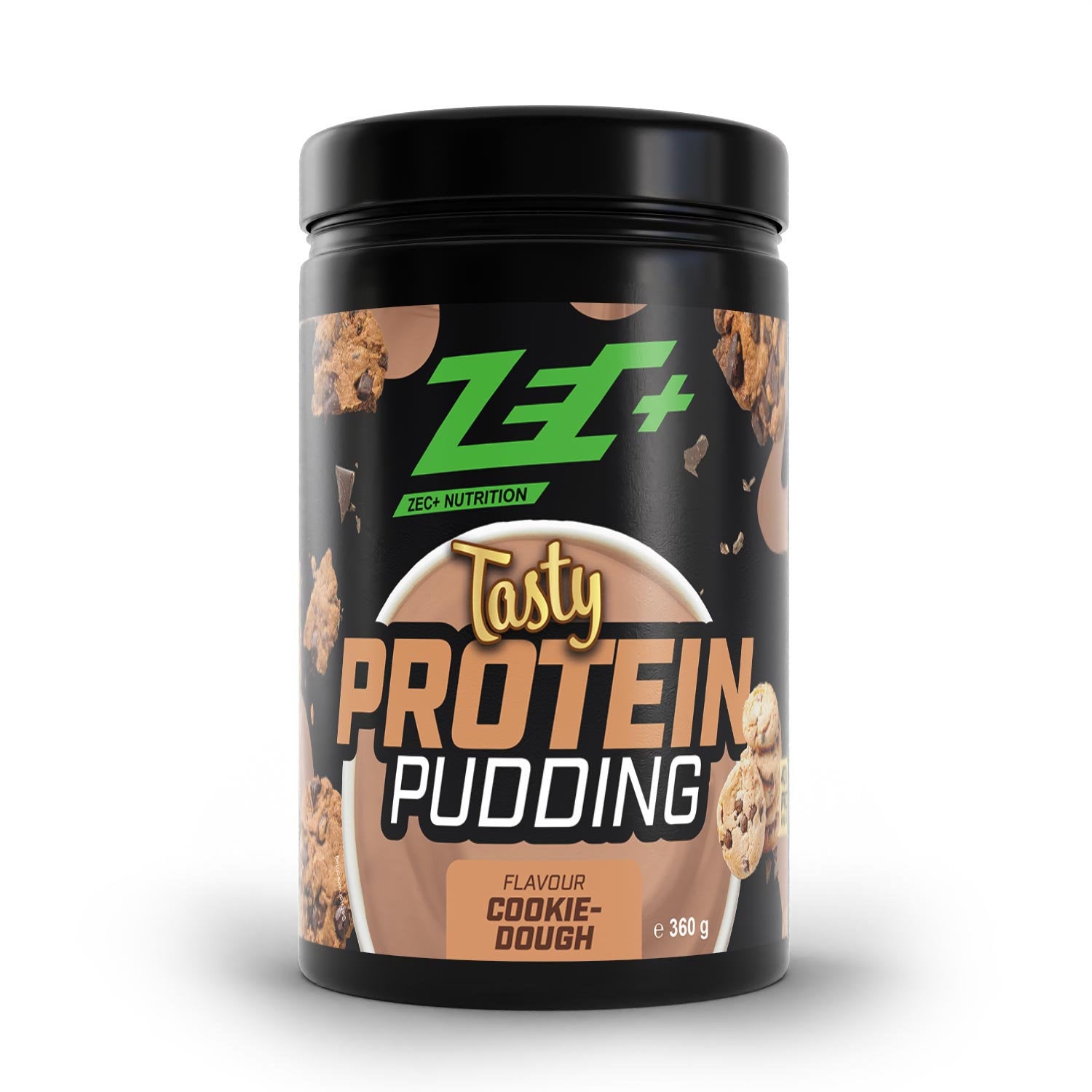 Zecplus Tasty Proteinpudding Cookie Dough 360g Pulver Vorderseite schwarze Kunststoffdose