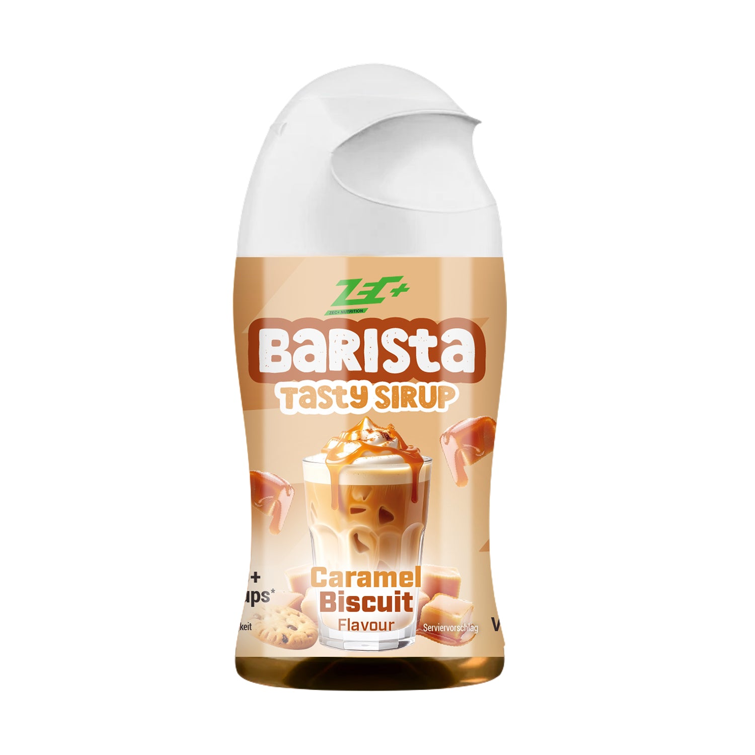 Zecplus Tasty Sirup Barista Flavour Drops Geschmack Karamell Biscuit Vorderansicht weiß-transparente Dosierflasche 65ml mit orange-braunem Label