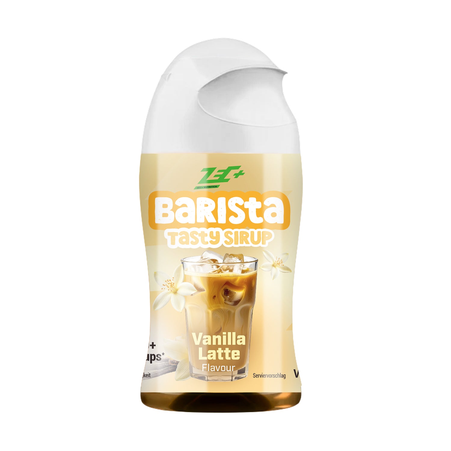 Zecplus Tasty Sirup Barista Flavour Drops Geschmack Vanilla Latte Vorderansicht weiß-transparente Dosierflasche 65ml mit gelbem Label