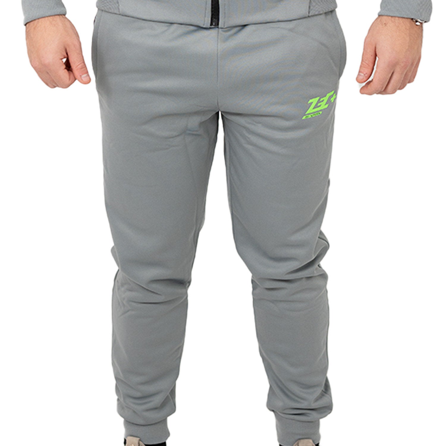Zec+ Herren Tracksuit Hose in Grau, Vorderansicht mit grünem Logoaufdruck.