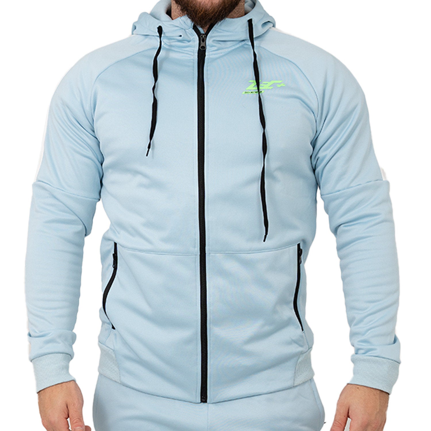 Zec+ Herren Trackuit Jacke in Blau, Frontansicht mit Kapuze und Reißverschluss