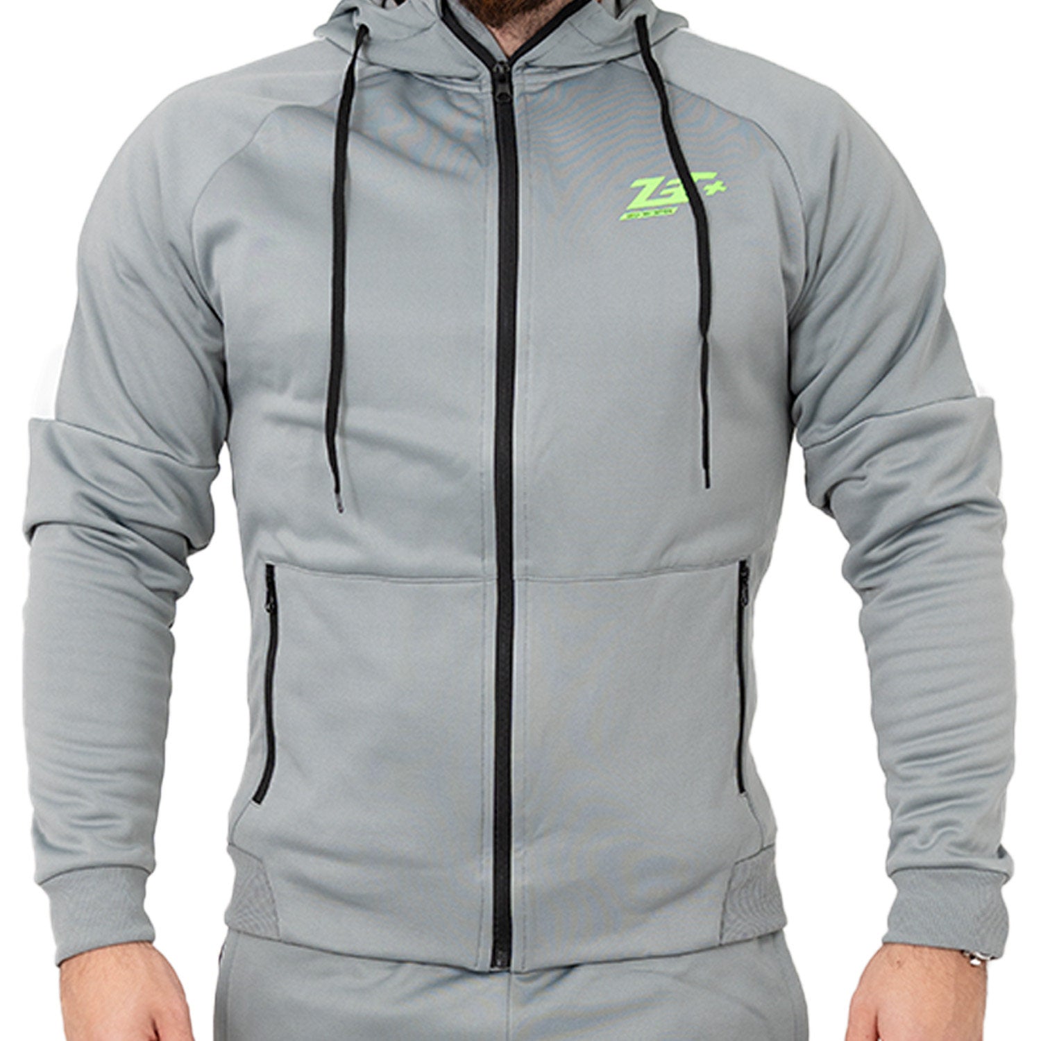 Zec+ Herren Tracksuit Jacke in Grau, Vorderansicht mit Kapuze und Zec+ Logo
