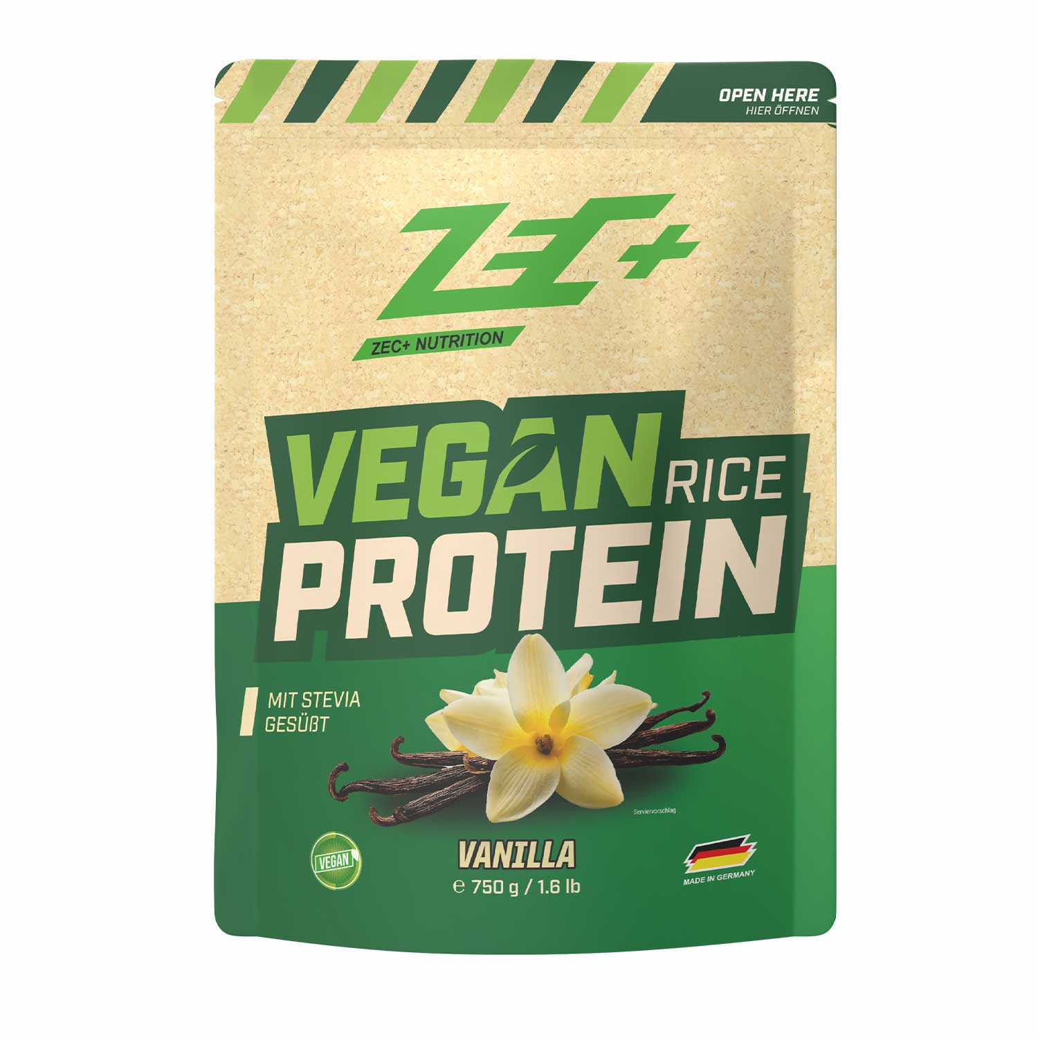 Zecplus Vegan Rice Protein Vanille 750g veganes Proteinpulver Vorderseite gelb-grüner Standbeutel