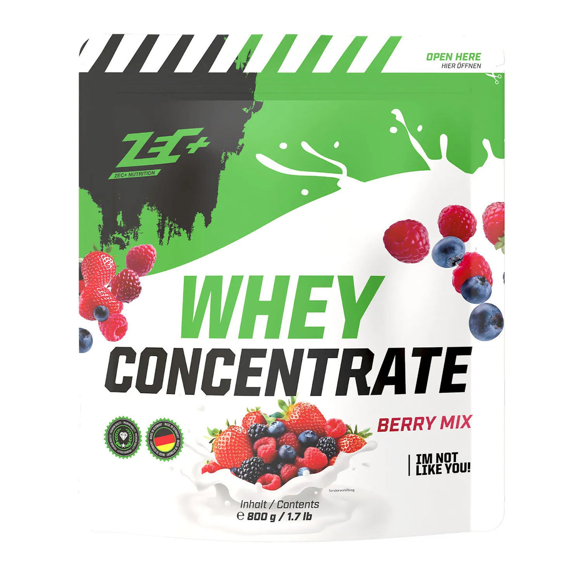 Zecplus Whey Concentrate Beeren-Mix 800g Proteinpulver Vorderseite grün-weißer Standbeutel