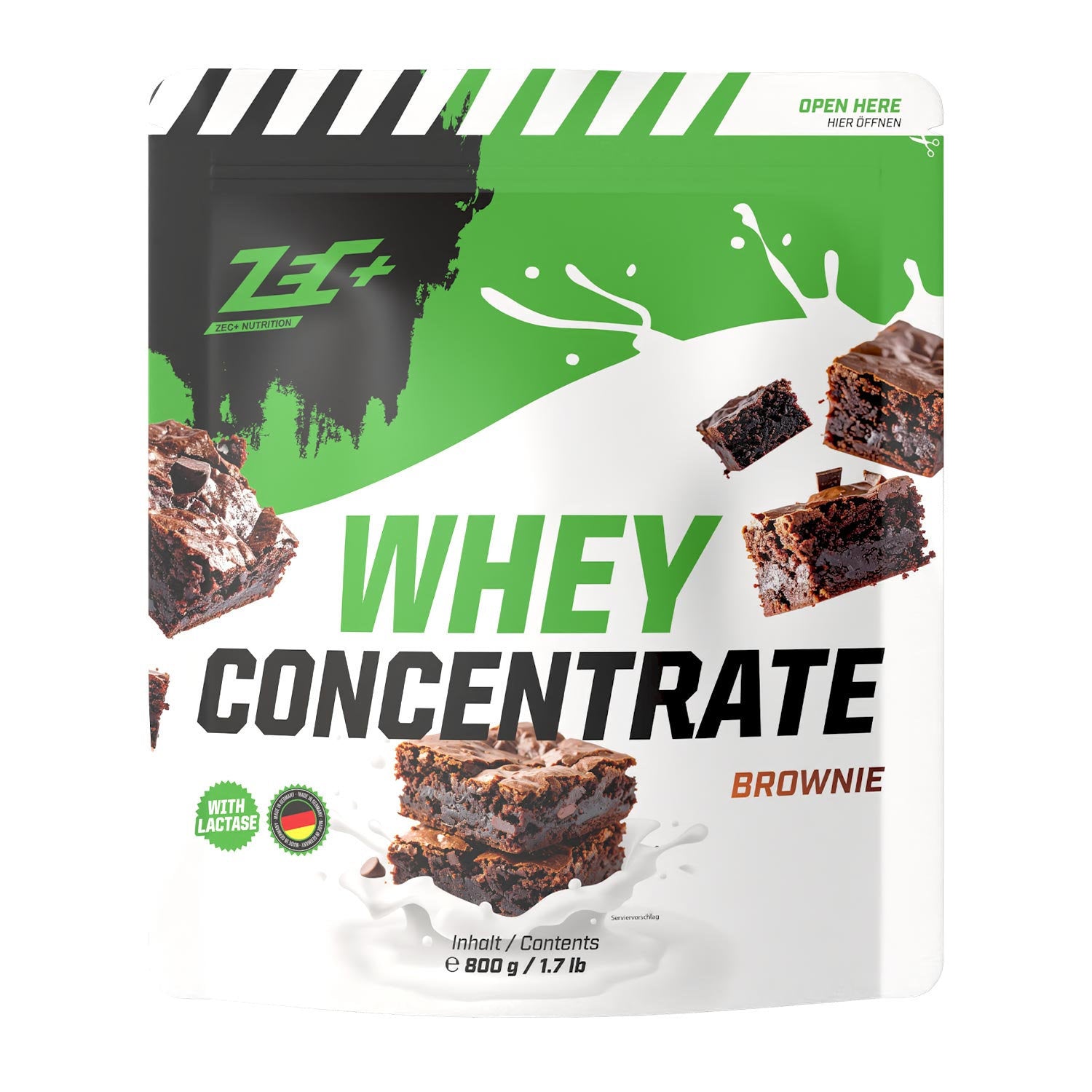 Zecplus Whey Concentrate Brownie 800g Proteinpulver Vorderseite grün-weißer Standbeutel