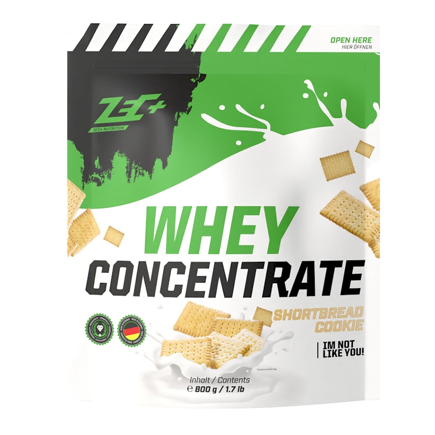 Zecplus Whey Concentrate Butterkeks 800g Proteinpulver Vorderseite grün-weißer Standbeutel