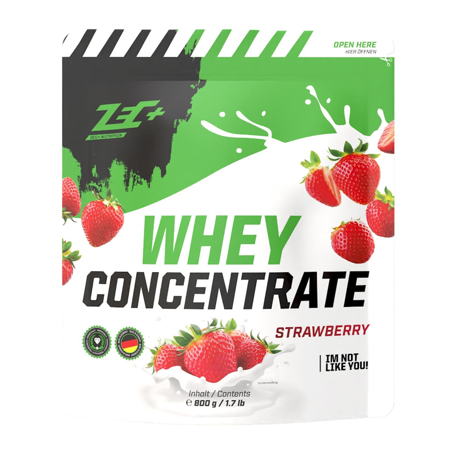 Zecplus Whey Concentrate Erdbeere 800g Proteinpulver Vorderseite grün-weißer Standbeutel