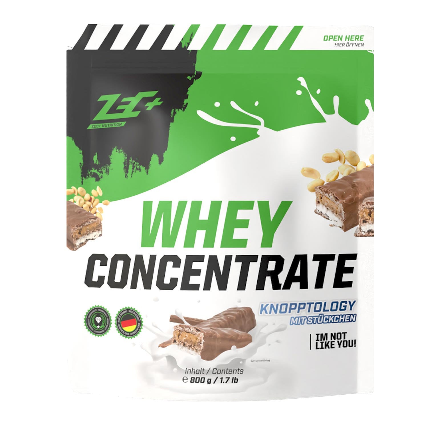 Zecplus Whey Concentrate Knopptology 800g Proteinpulver Vorderseite grün-weißer Standbeutel