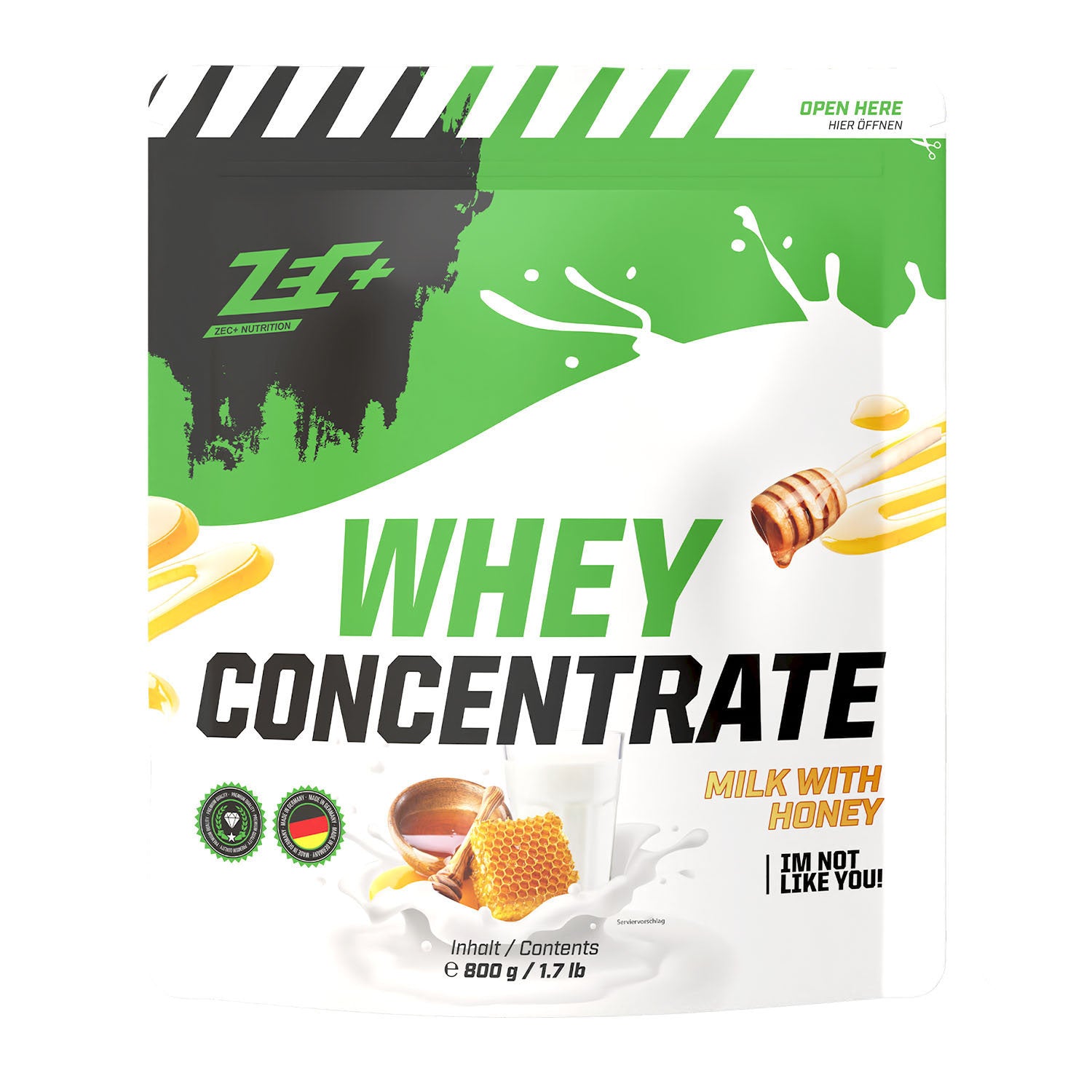Zecplus Whey Concentrate Milch mit Honig 800g Proteinpulver Vorderseite grün-weißer Standbeutel