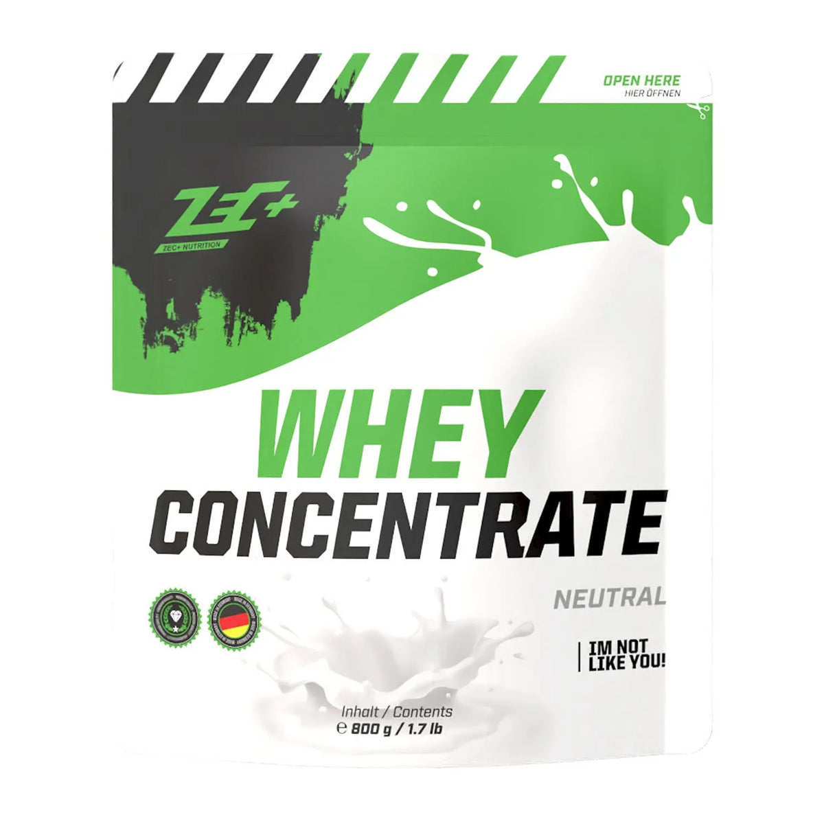 Zecplus Whey Concentrate Neutral 800g Proteinpulver Vorderseite grün-weißer Standbeutel