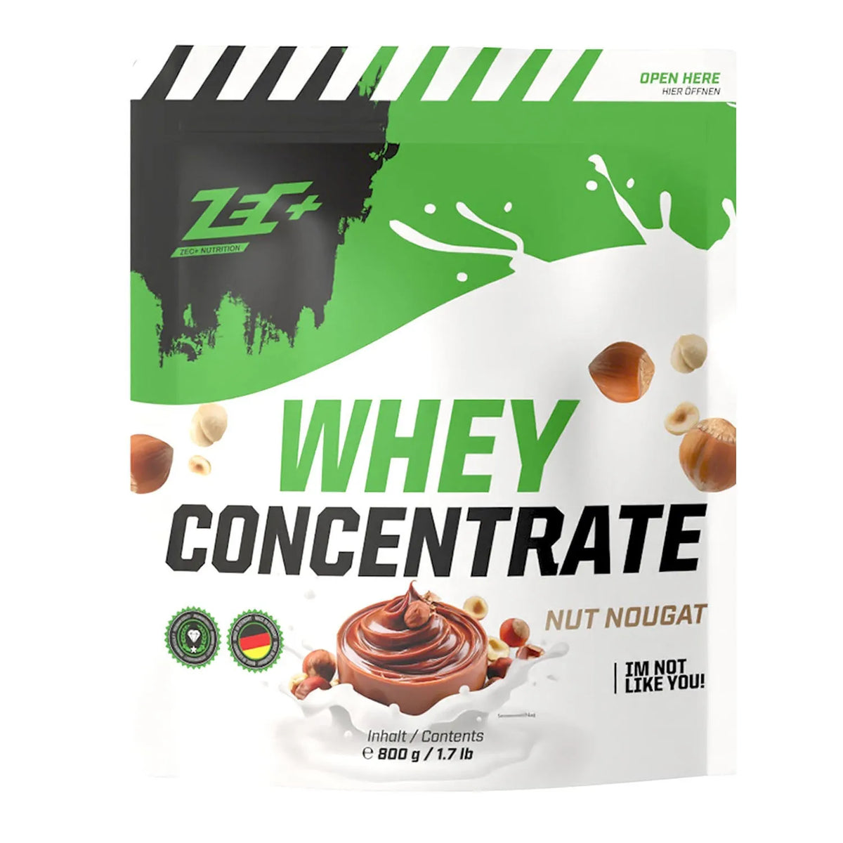 Zecplus Whey Concentrate Nuss Nougat 800g Proteinpulver Vorderseite grün-weißer Standbeutel