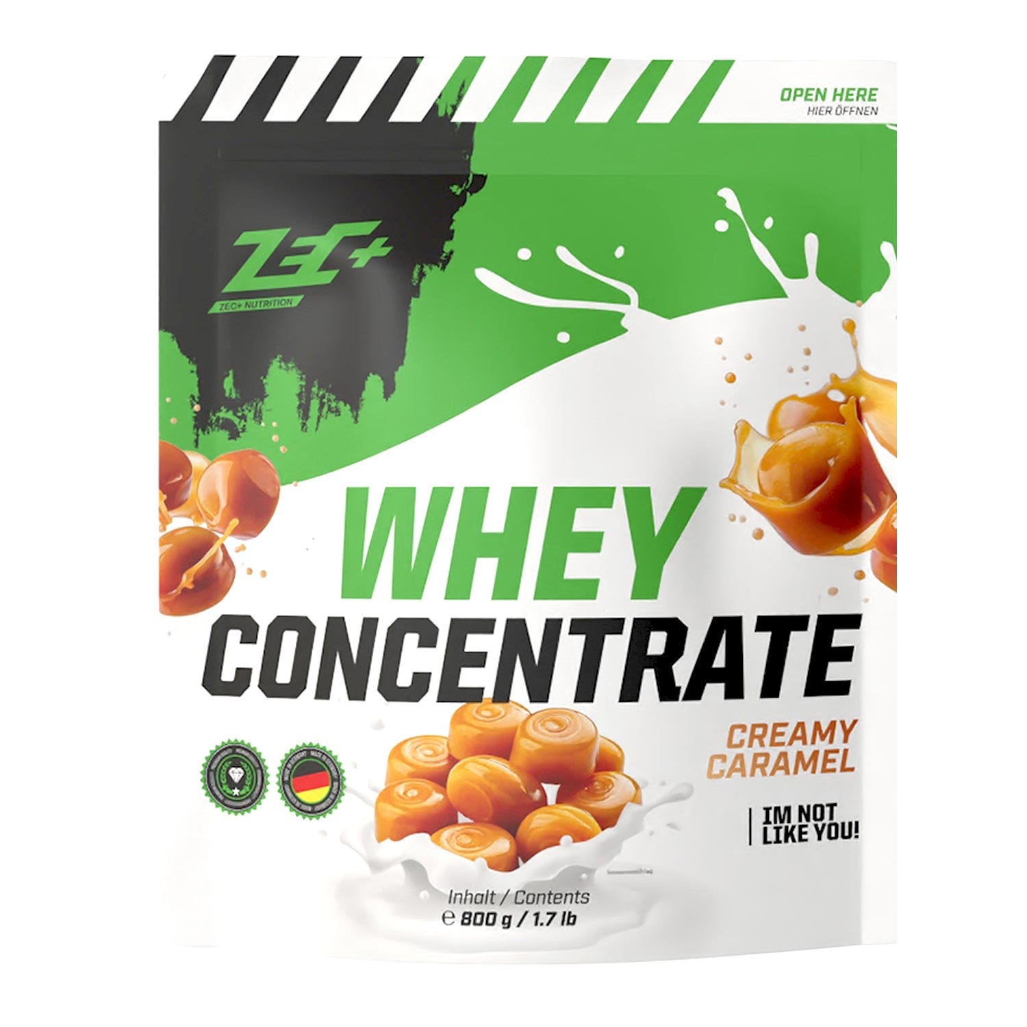 Zecplus Whey Concentrate Sahne Karamell 800g Proteinpulver Vorderseite grün-weißer Standbeutel