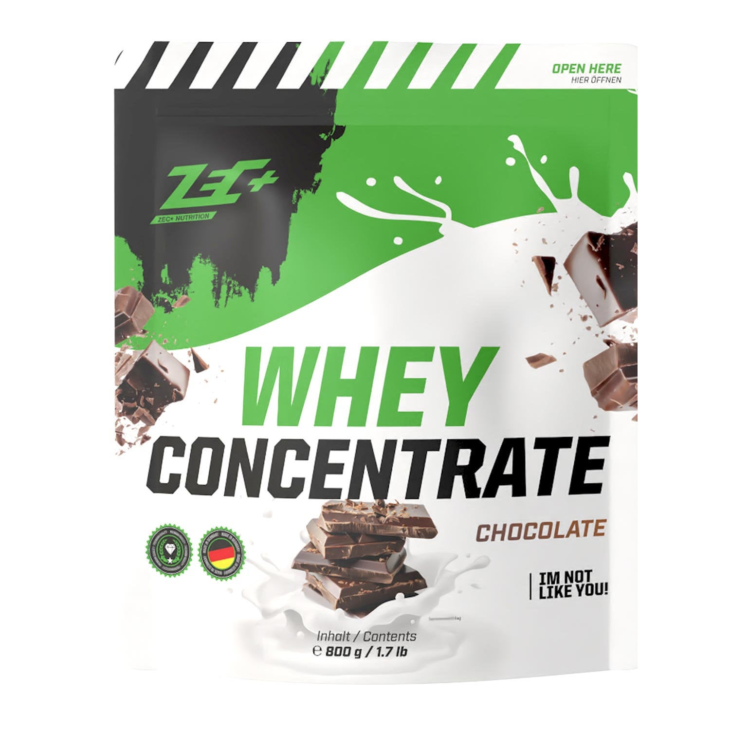 Zecplus Whey Concentrate Schokolade 800g Proteinpulver Vorderseite grün-weißer Standbeutel