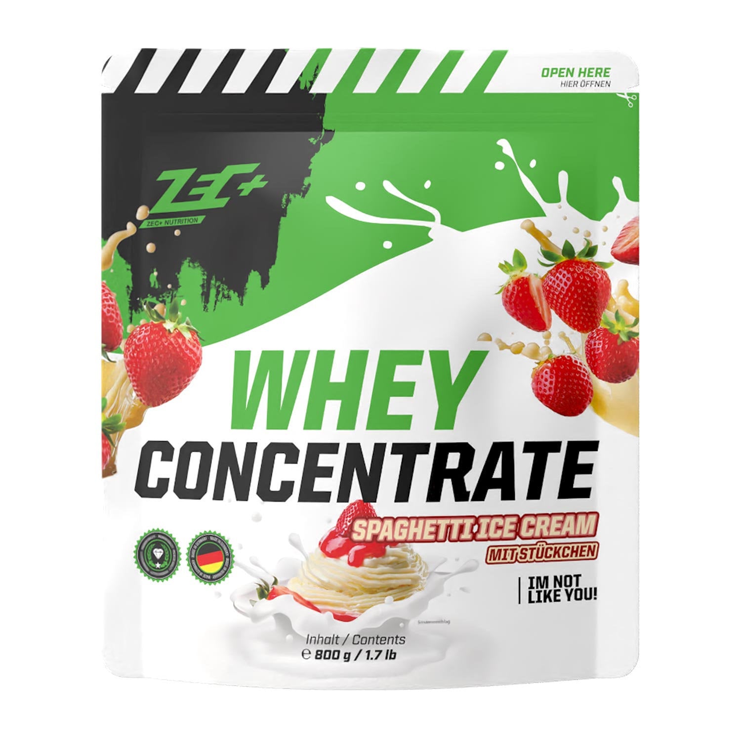 Zecplus Whey Concentrate Spaghetti Eis 800g Proteinpulver Vorderseite grün-weißer Standbeutel