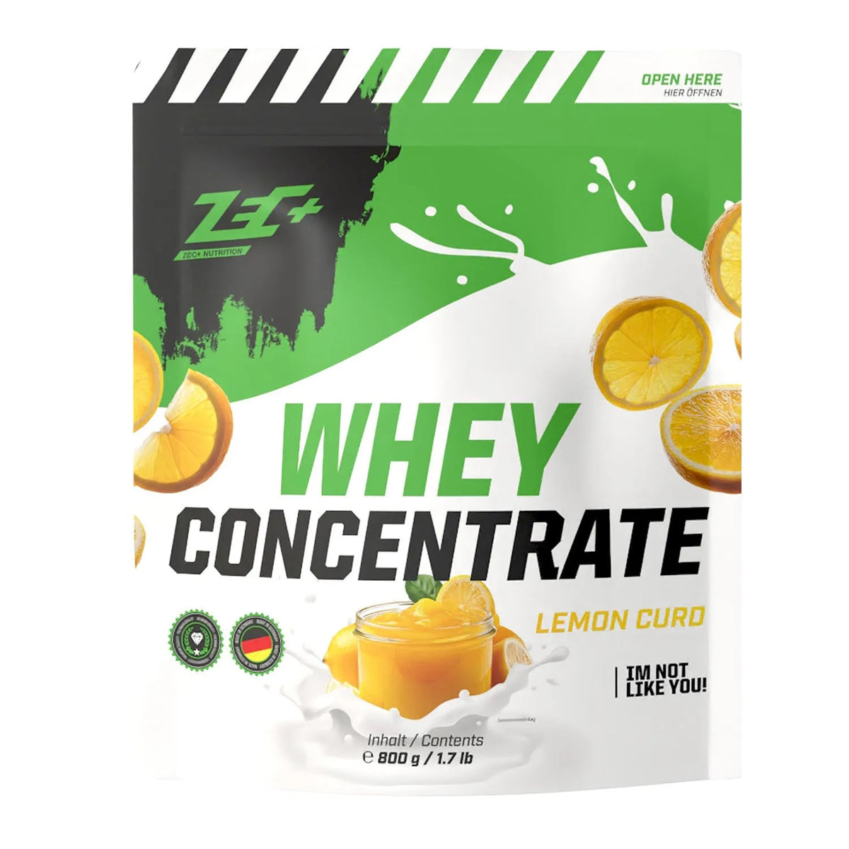 Zecplus Whey Concentrate Zitronencreme 800g Proteinpulver Vorderseite grün-weißer Standbeutel