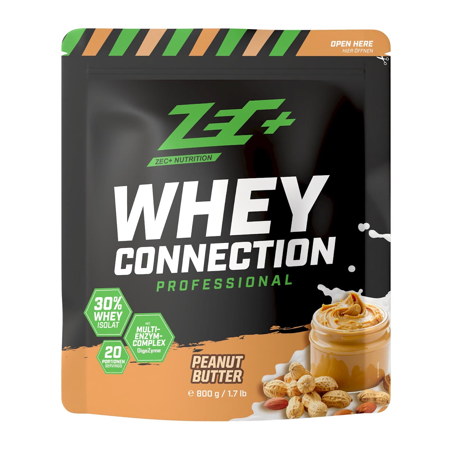 Zecplus Whey Connection Erdnussbutter 800g Proteinpulver Vorderseite schwarzer Standbeutel