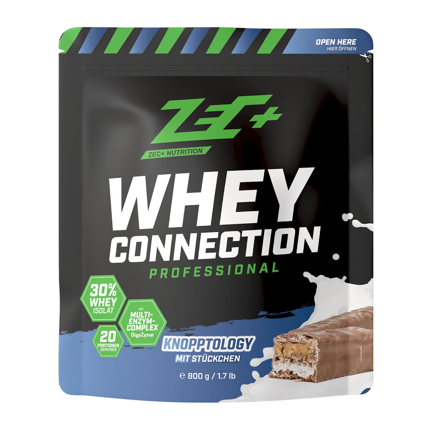Zecplus Whey Connection Knopptology 800g Proteinpulver Vorderseite schwarzer Standbeutel