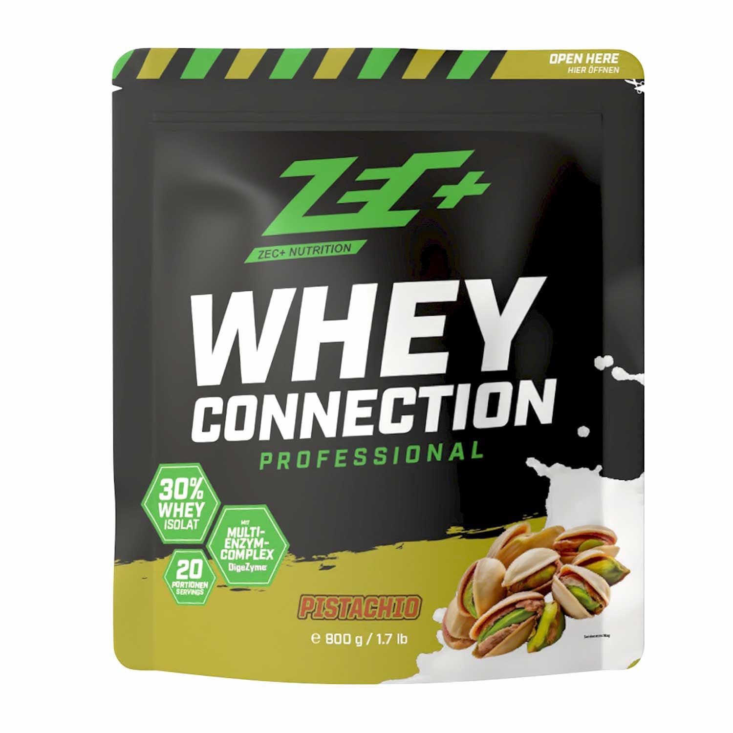 Zecplus Whey Connection Pistazie 800g Proteinpulver Vorderseite schwarzer Standbeutel