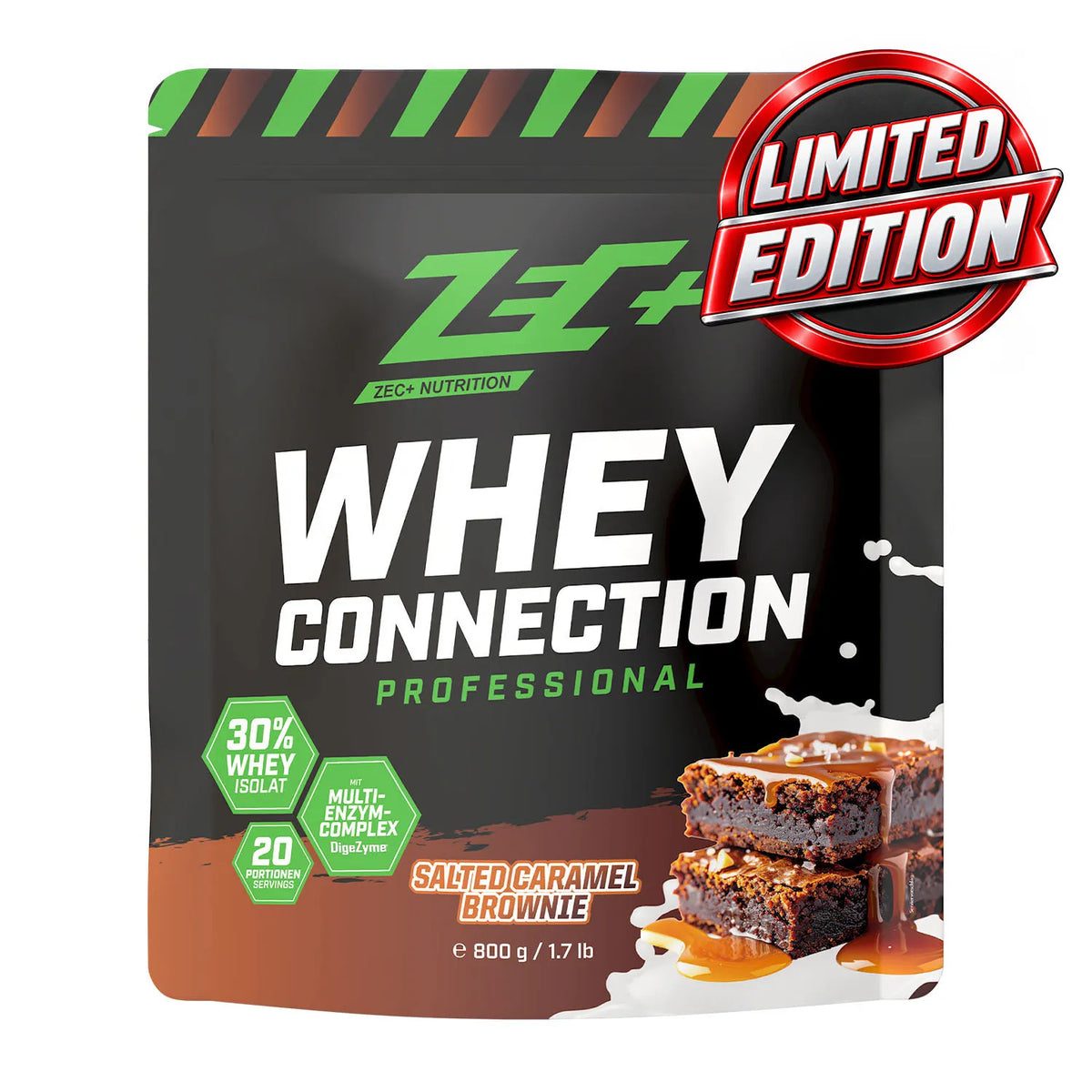 Zecplus Whey Connection Salted Caramel Brownie 800g Proteinpulver Vorderseite schwarzer Standbeutel