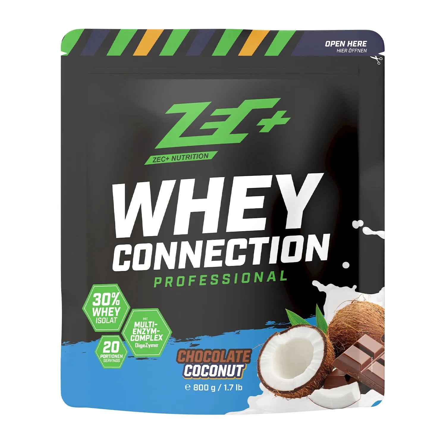 Zecplus Whey Connection Schokolade Kokos 800g Proteinpulver Vorderseite schwarzer Standbeutel
