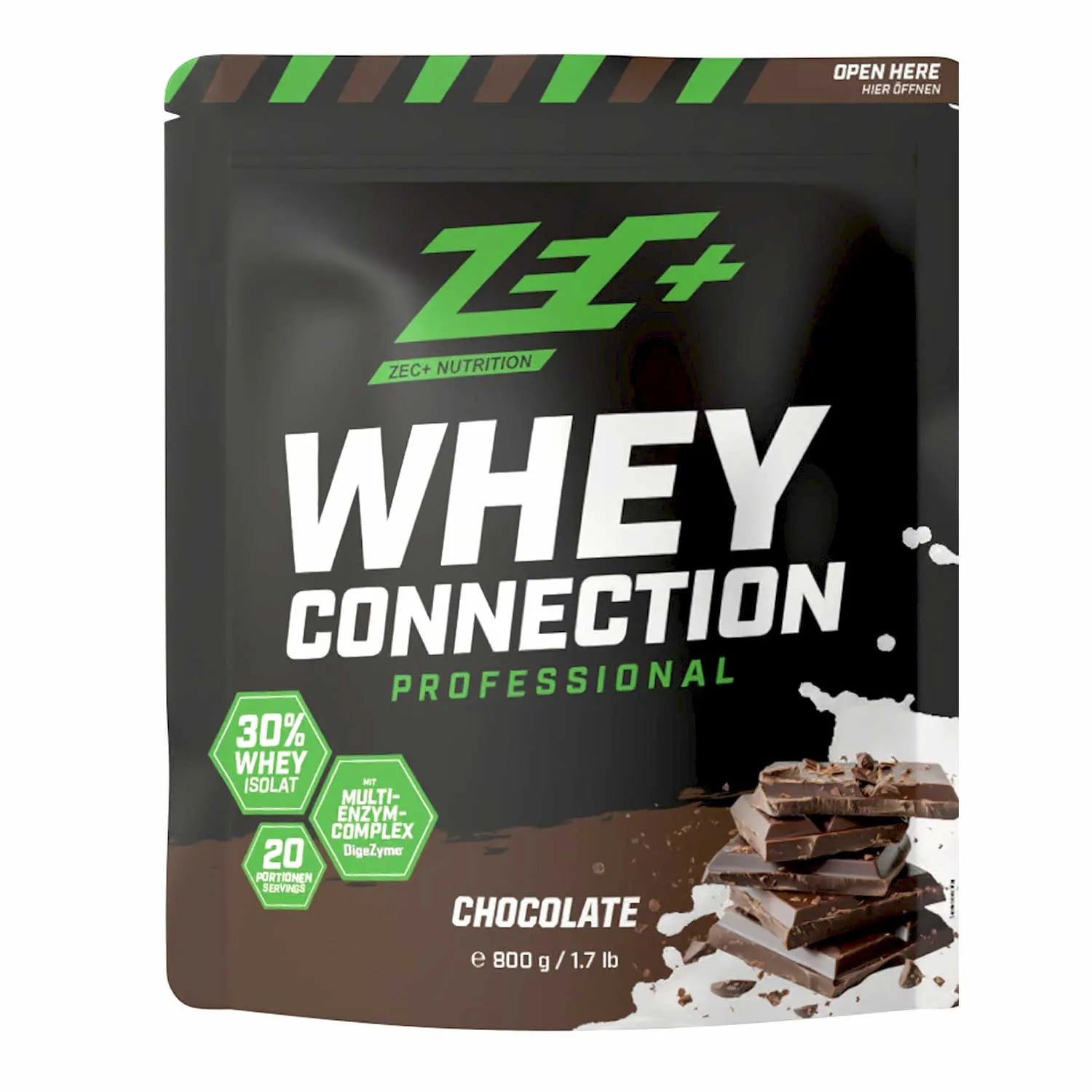 Zecplus Whey Connection Schokolade 800g Proteinpulver Vorderseite schwarzer Standbeutel