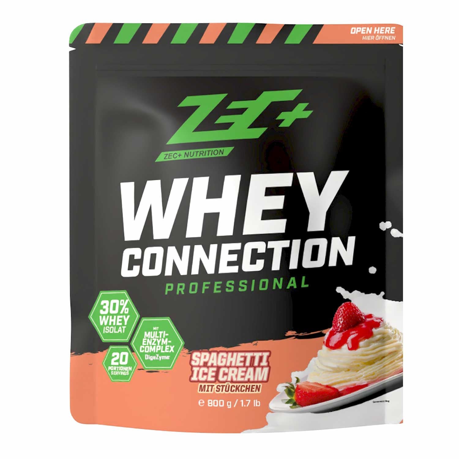 Zecplus Whey Connection Spaghetti Eis 800g Proteinpulver Vorderseite schwarzer Standbeutel