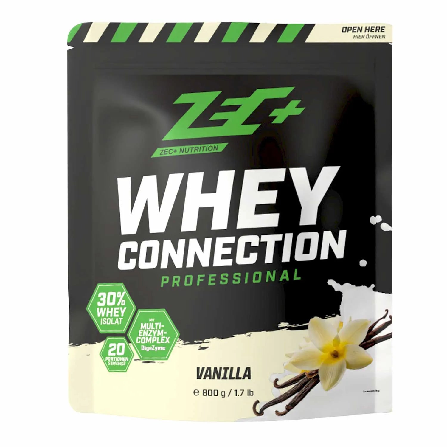 Zecplus Whey Connection Vanille 800g Proteinpulver Vorderseite schwarzer Standbeutel