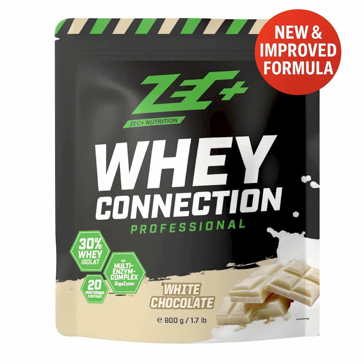 Zecplus Whey Connection Weiße Schokolade 800g Proteinpulver Vorderseite schwarzer Standbeutel