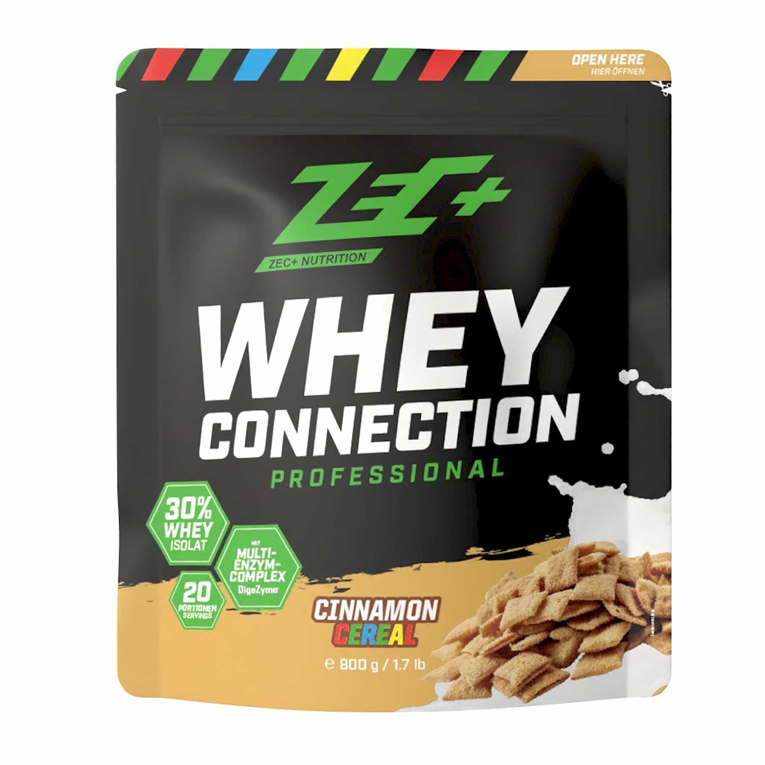 Zecplus Whey Connection Zimtcerealien 800g Proteinpulver Vorderseite schwarzer Standbeutel