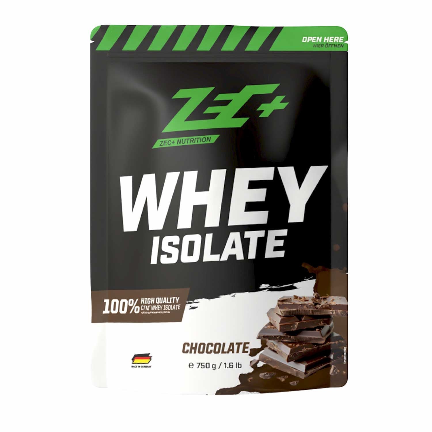 Zecplus Whey Isolate Schokolade 750g Proteinpulver Vorderseite schwarzer Standbeutel
