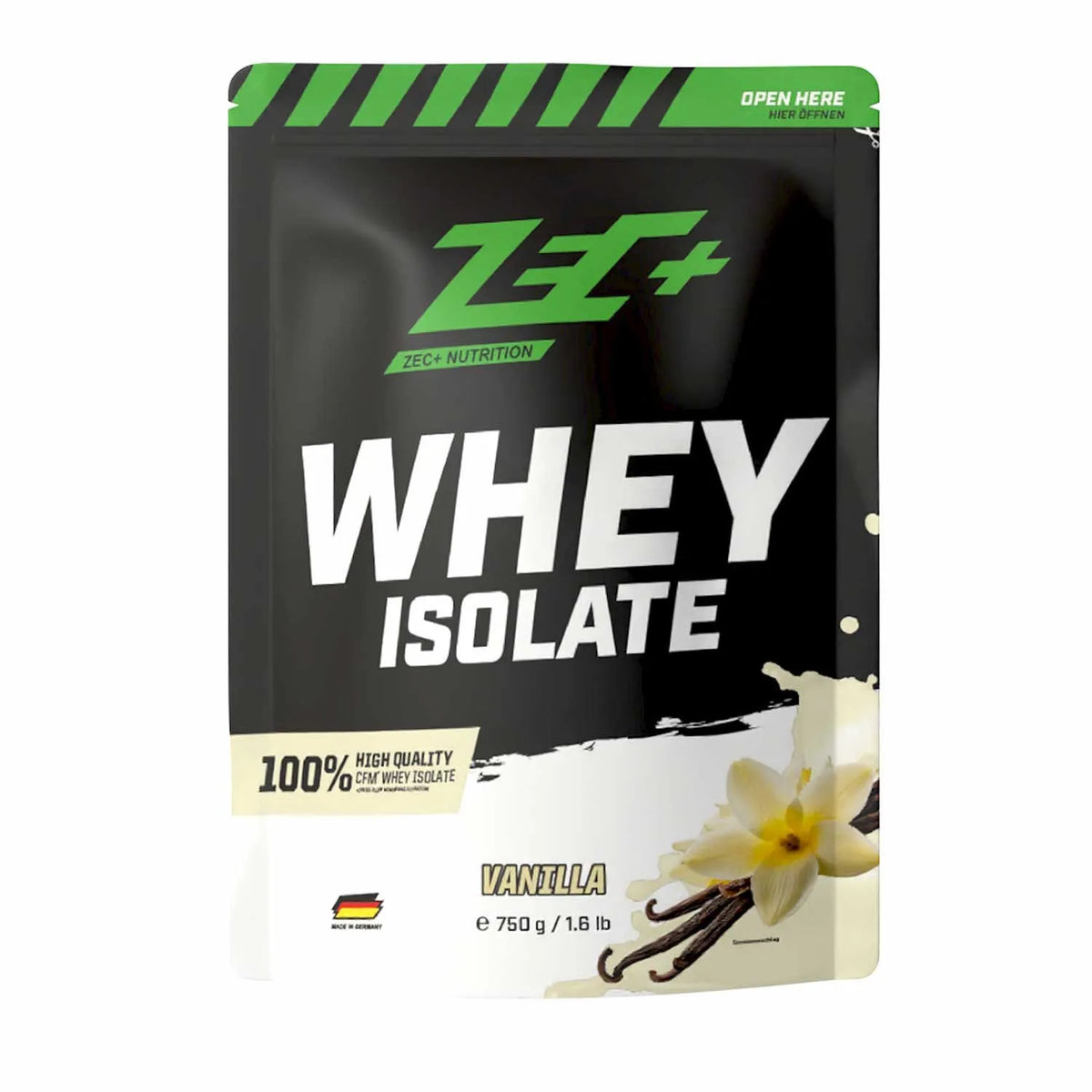 Zecplus Whey Isolate Vanille 750g Proteinpulver Vorderseite weiß-grüner Standbeutel