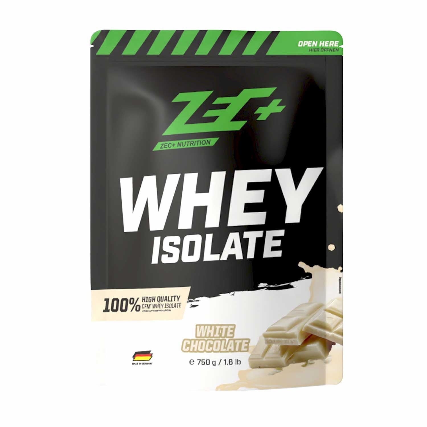 Zecplus Whey Isolate White Chocolate 750g Proteinpulver Vorderseite schwarzer Standbeutel