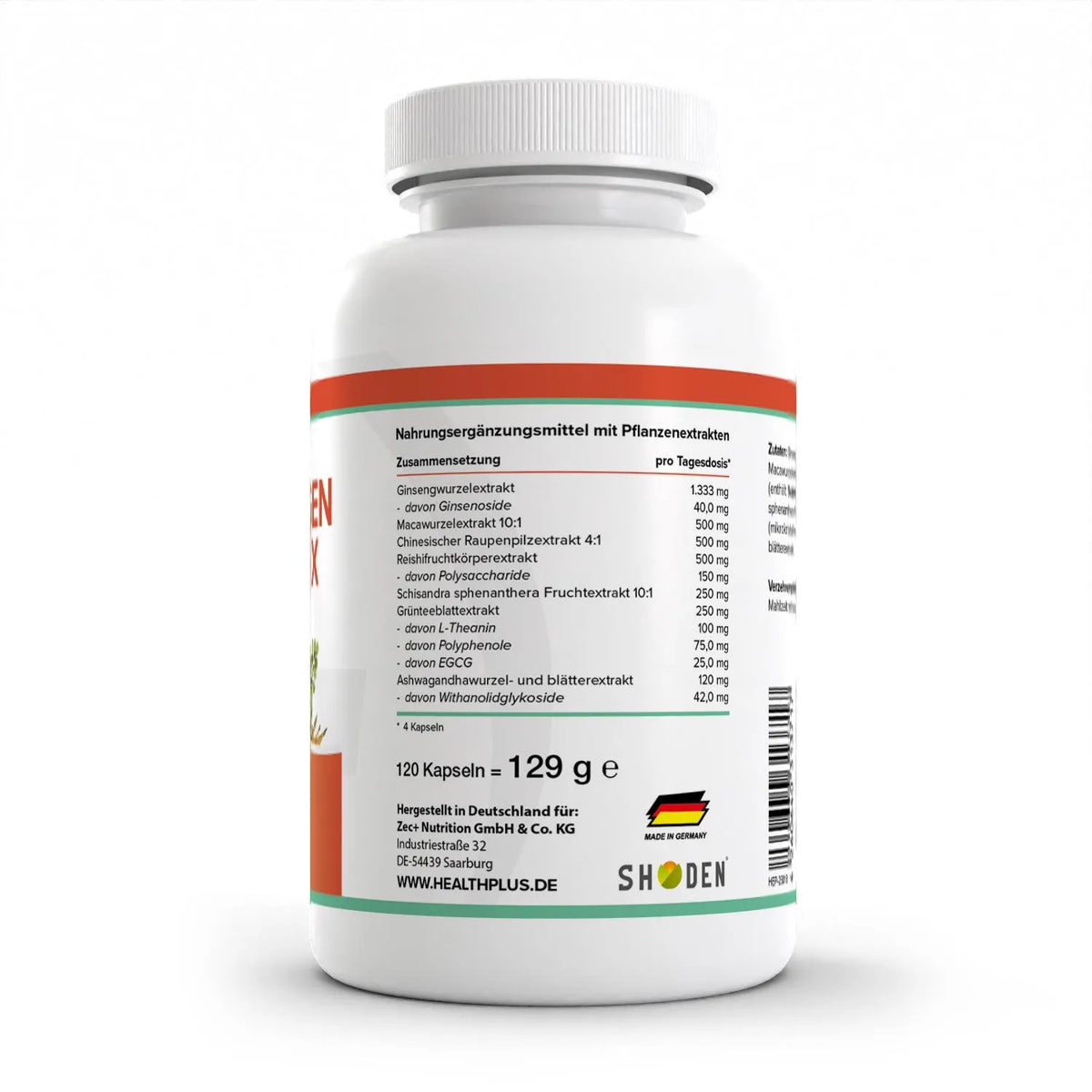 Healthplus Adaptogen Komplex Kapseln 120 Stück Rückseite Zusammensetzung weiße Kunststoffdose