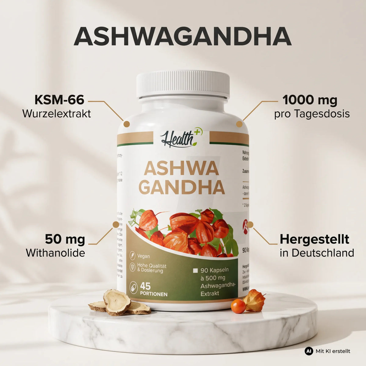 HEALTH+ ASHWAGANDHA mit KSM-66, 90 Kapseln