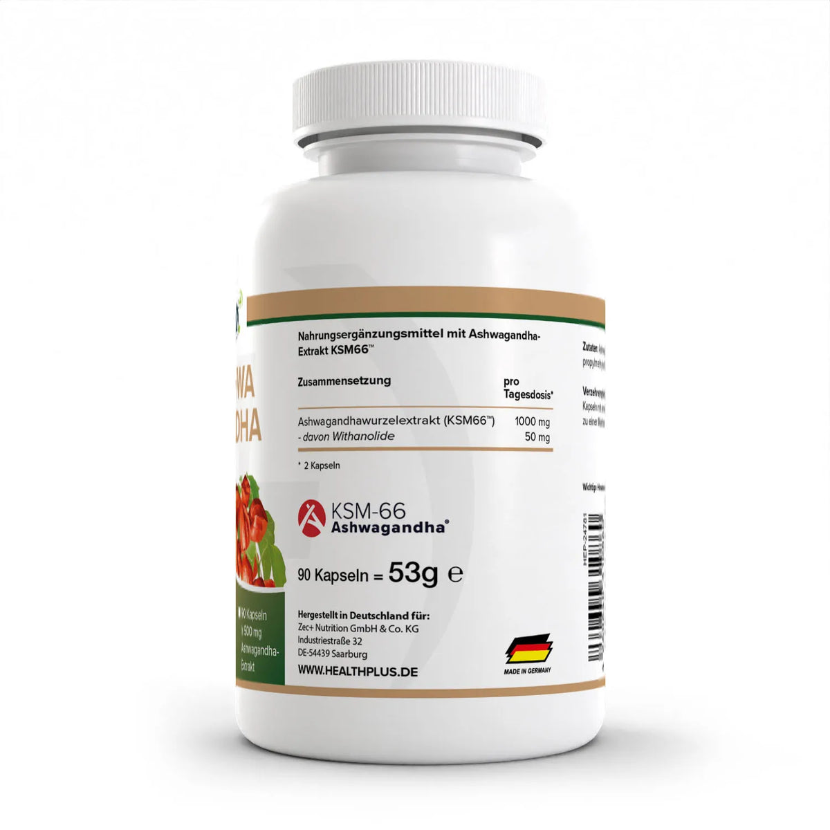 Healthplus Ashwagandha Kapseln 90 Stück Rückseite Nährwerte weiße Kunststoffdose