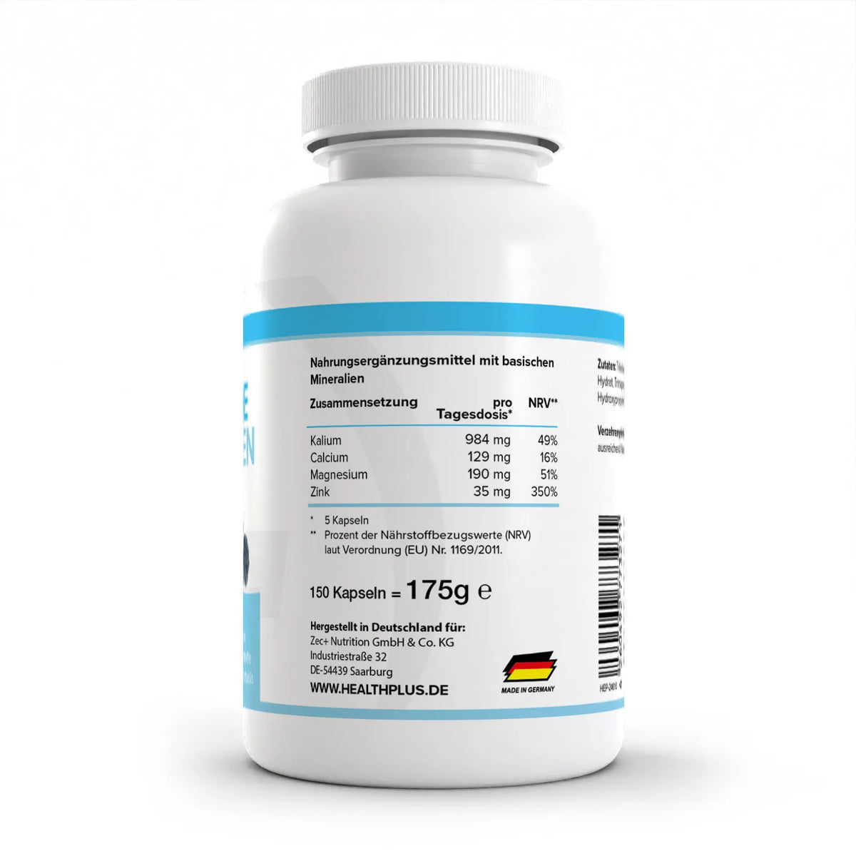Healthplus Basische Mineralien Kapseln 150 Stück Rückseite Nährwerte weiße Kunststoffdose