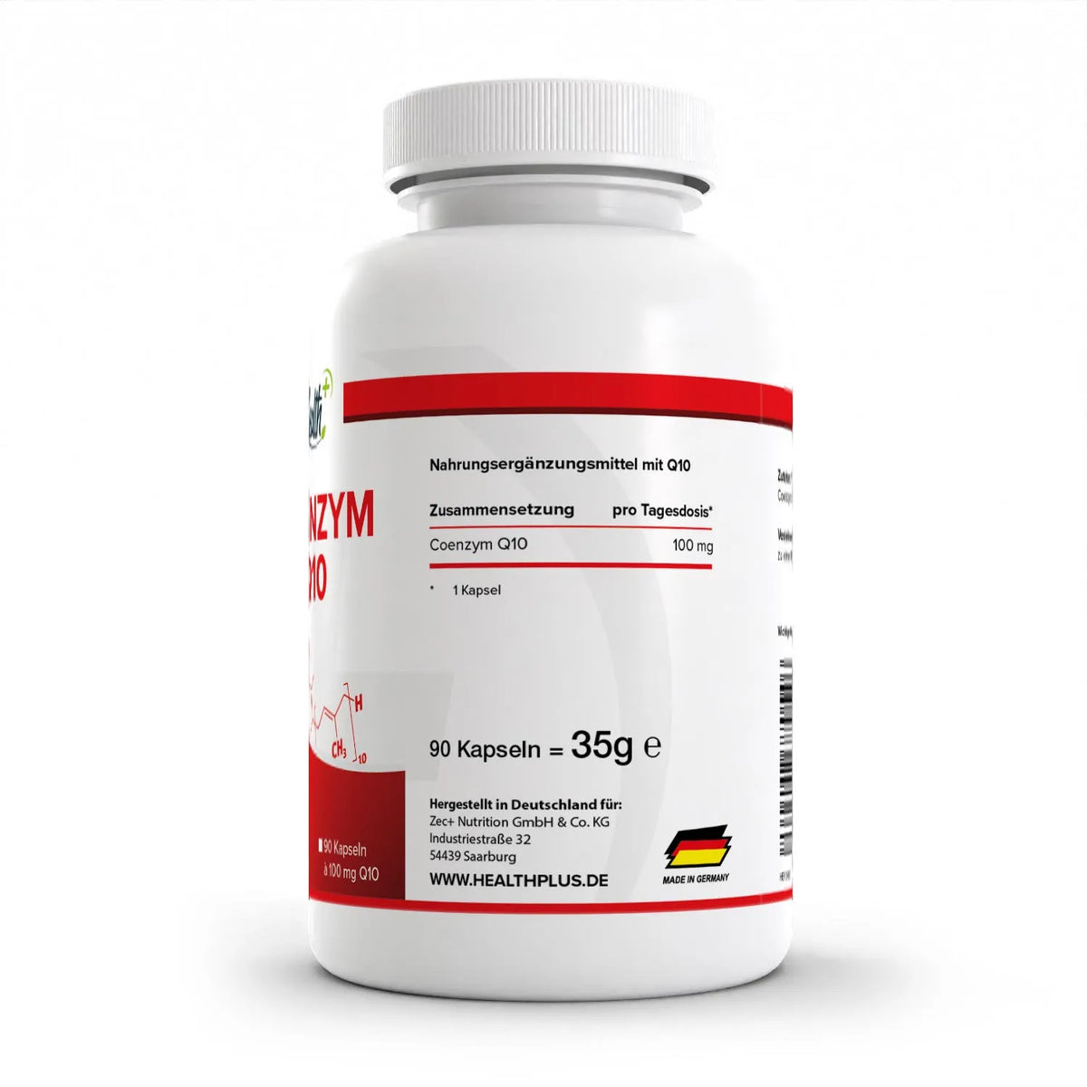 Healthplus Coenzym Q10 Kapseln 90 Stück Rückseite Nährwerte weiße Kunststoffdose