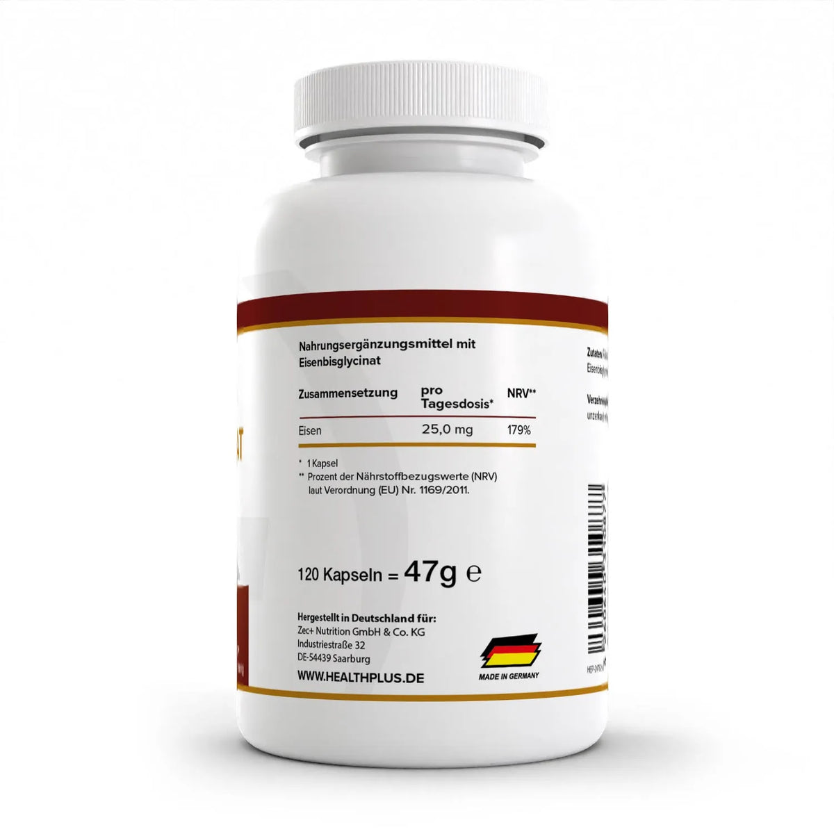 Healthplus Eisenbisglycinat 120 Kapseln Rückseite Nährwerte Zusammensetzung weiße Kunststoffdose