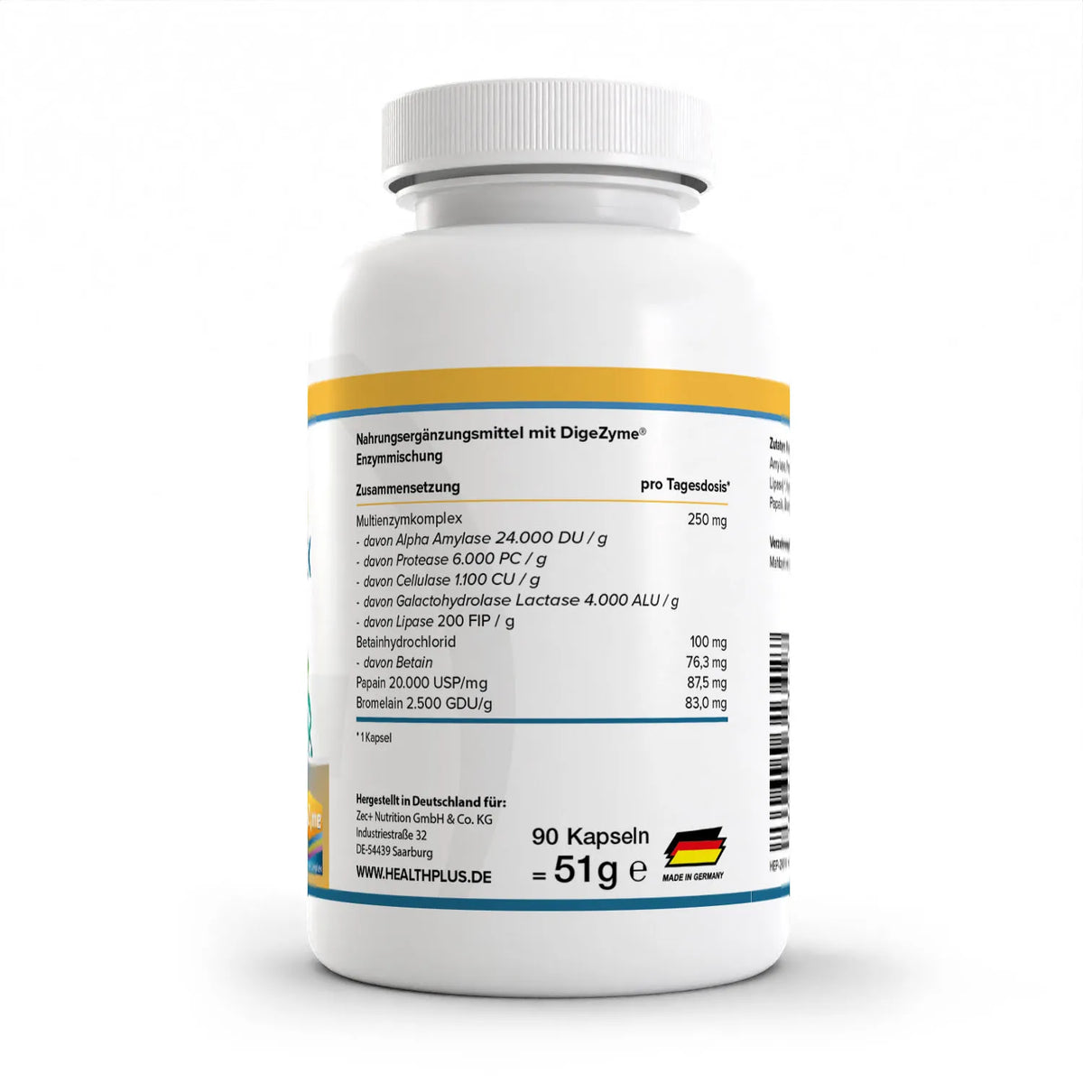 Healthplus Enzym Komplex Kapseln 90 Stück Rückseite Nährwerte Zusammensetzung weiße Kunststoffdose