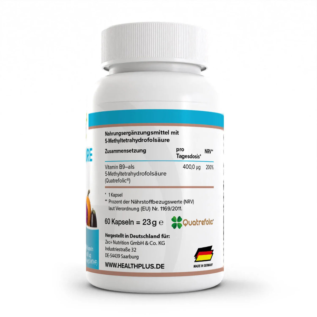 Healthplus Folsäure Kapseln 60 Stück Rückseite Nährwerte Zusammensetzung weiße Kunststoffdose