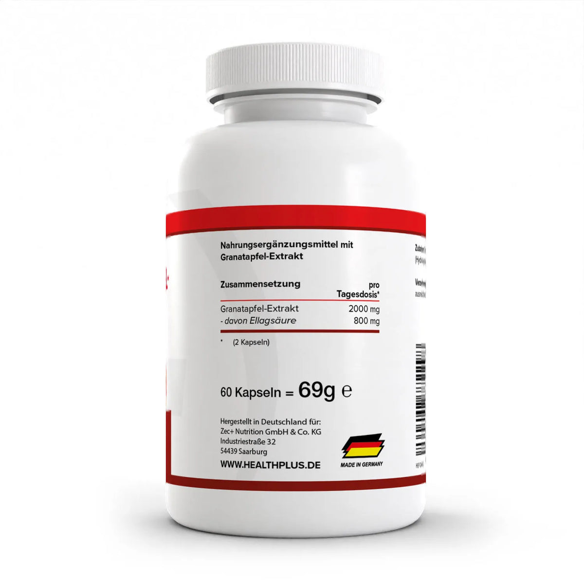 Healthplus Granatapfel Extrakt 60 Kapseln Rückseite Nährwerte Zusammensetzung weiße Kunststoffdose