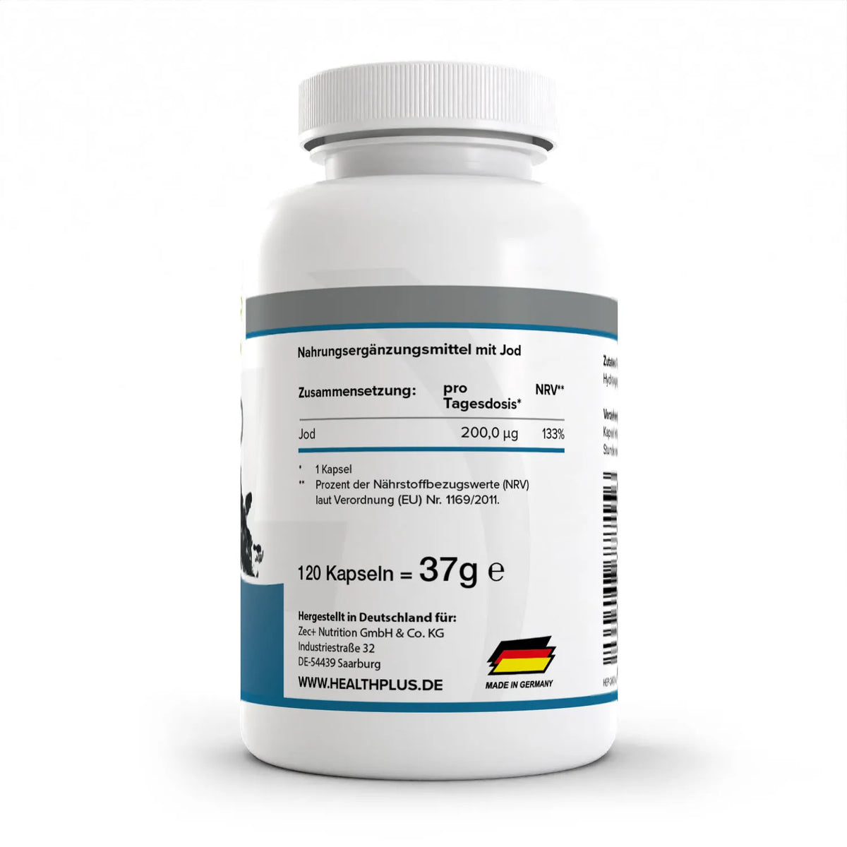 Healthplus Jod 120 Kapseln Rückseite Nährwerte Zusammensetzung weiße Kunststoffdose