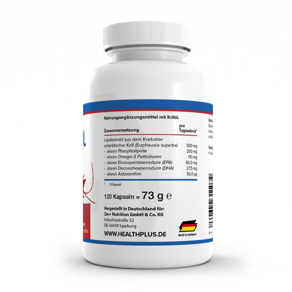 Healthplus Krillöl 120 Kapseln Rückseite Nährwerte Zusammensetzung weiße Kunststoffdose
