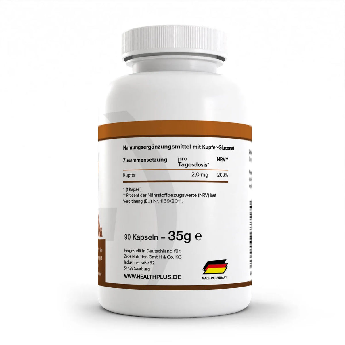 Healthplus Kupfer 90 Kapseln Rückseite Nährwerte Zusammensetzung weiße Kunststoffdose