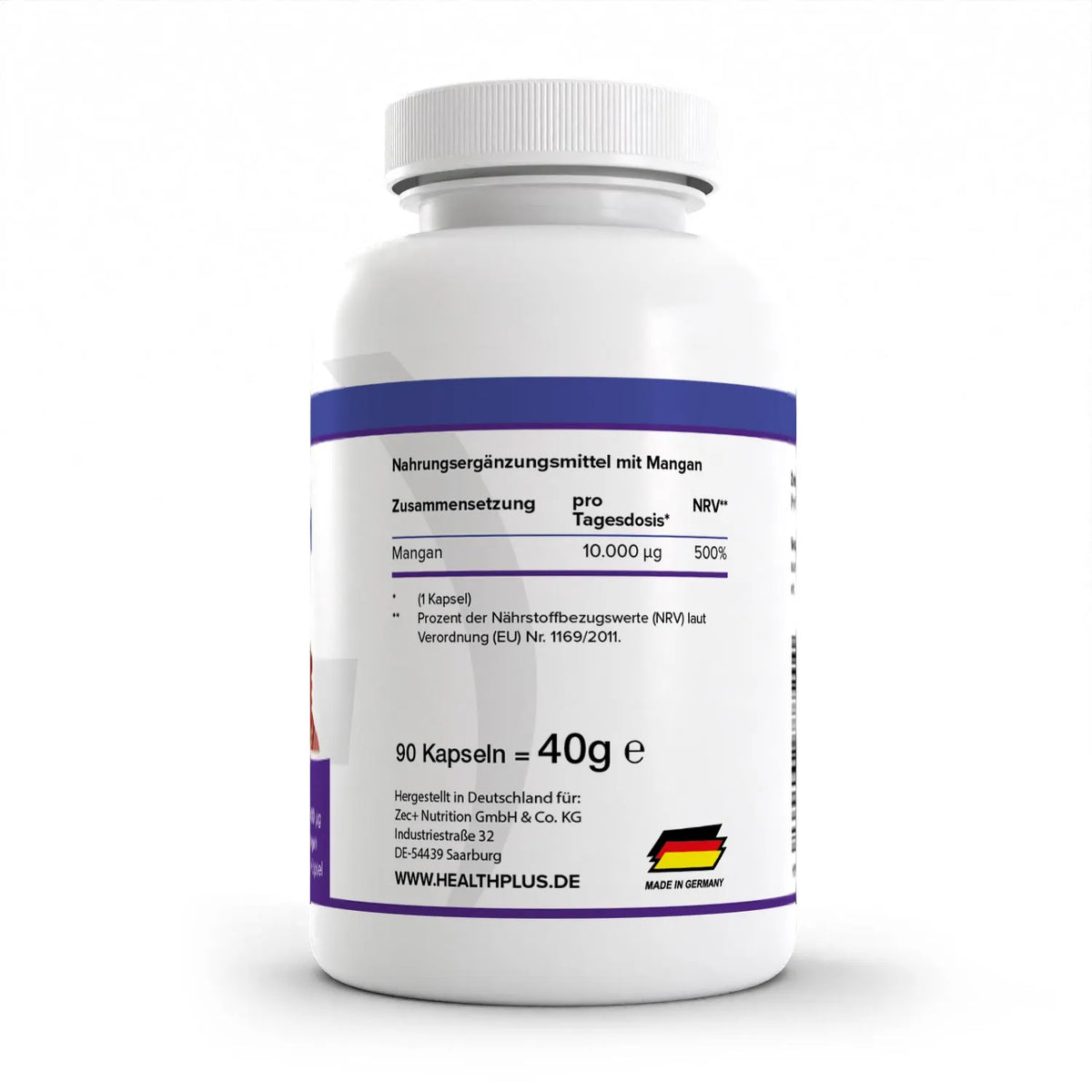 Healthplus Mangan 90 Kapseln Rückseite Nährwerte Zusammensetzung weiße Kunststoffdose